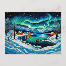 Majestic Aurora Borealis Over Winter Fjord Helg Vykort