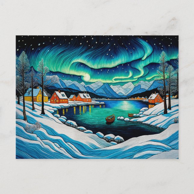 Majestic Aurora Borealis Over Winter Fjord Helg Vykort (Framsida)