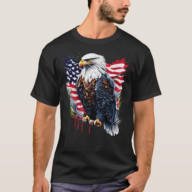 Majestic Bald Eagle T-Shirt – American Flag Art on (Framsida)