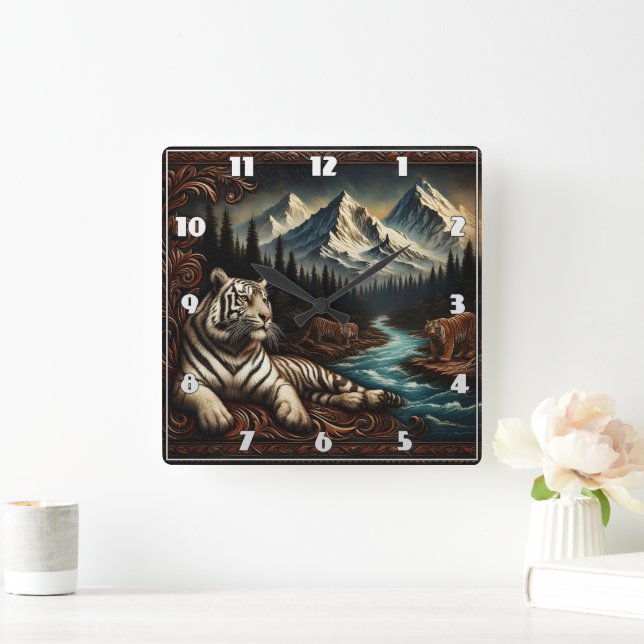 Majestic Bengal Tigers by Mountain River Fyrkantig Klocka (Hem)