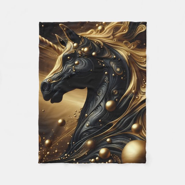 Majestic Black and Guld Unicorn Design Fleecefilt (Framsidan)