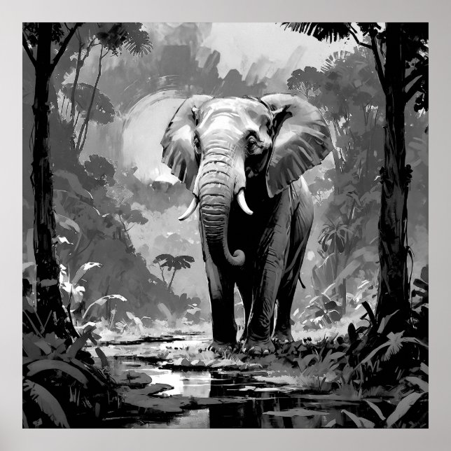 Majestic Black and White Elephant in Jungle Art Poster (Framsidan)