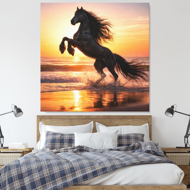 Majestic Black Friesian Horse Sunset Ocean  Canvastryck (Insitu (sovrum))