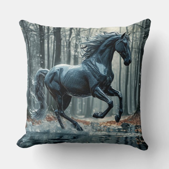 Majestic Black Horse in Ornate Ornament Kudde (Framsida)