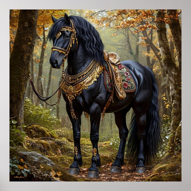 Majestic Black Horse in Regal Guld Adorments Poster (Framsidan)