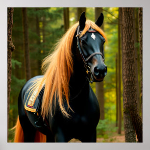 Majestic Black Horse med Flowing Mane Poster