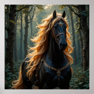 Majestic Black Horse med Flowing Mane Poster