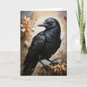 Majestic Black Raven Porträtt Flowers Måne Blank Kort