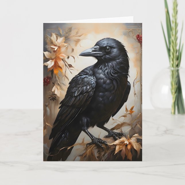 Majestic Black Raven Porträtt Flowers Måne Blank Kort (Framsida)