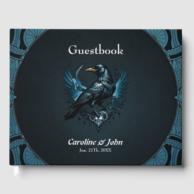 Majestic black raven sitta på ett ornat, gästböcker (Framsida)