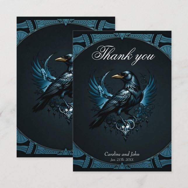 Majestic black raven sitta på ett ornat, tack kort (Fram/baksida)
