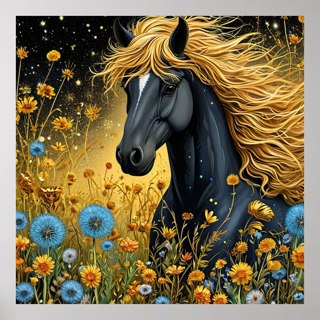 Majestic Black Stallion Amid Vibrant Wildblommor Poster (Framsidan)