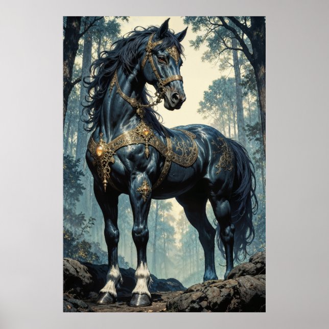 Majestic Black Stallion Forest Wall Art Poster (Framsidan)