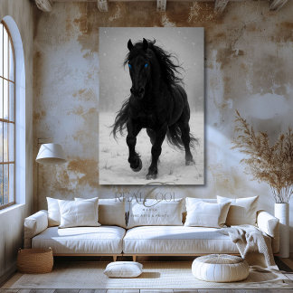 Majestic Black Stallion in Dreamy Winter Ligcape Canvastryck