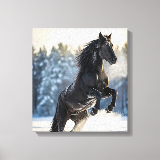Majestic Black Stallion in Winter Snow  Canvastryck (Framsida)