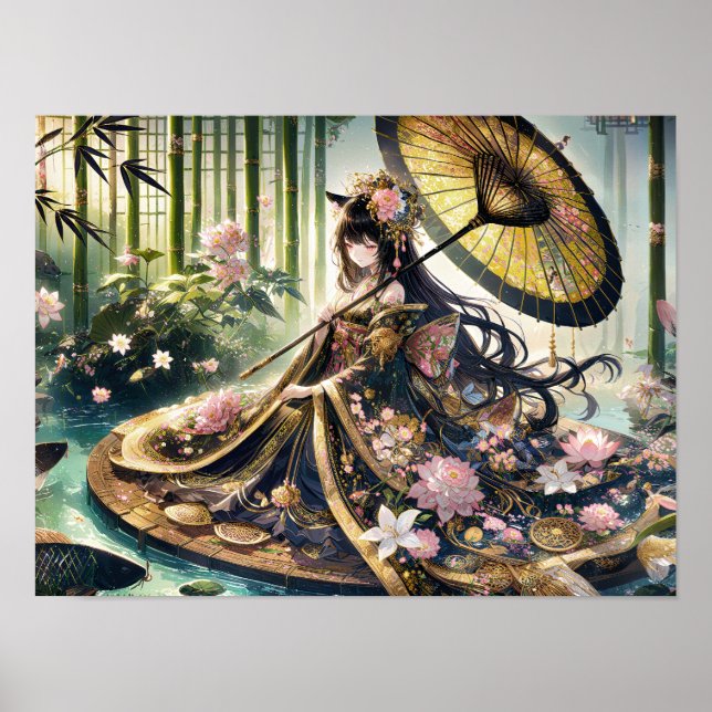 Majestic Blommigt Kimono under Bamboo Canopy Poster (Framsidan)