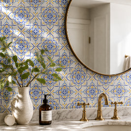 Majestic Bloom Elegant Blue and Gold Floral Mosai Kakelplatta