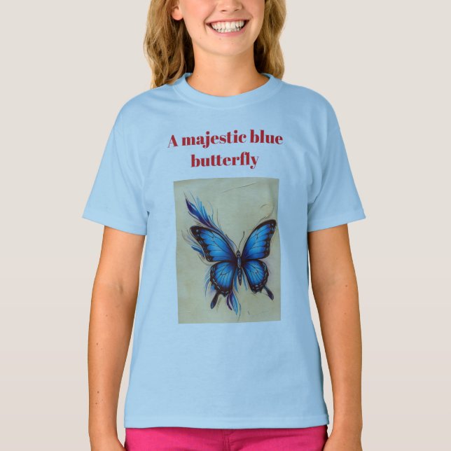 Majestic Blue Butterfly Pencil Sketch T-Shirt (Framsida)