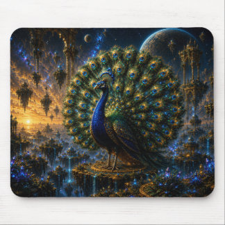 Majestic Blue & Gold Celestial Peacock Mouse Pad Musmatta