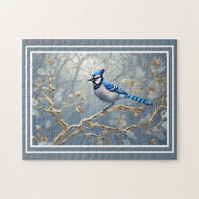 Majestic Blue Jay on Gilded Grenar Pussel (Horisontell)