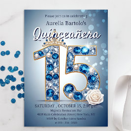 Majestic Blue och Silver Diamond Tiara Quinceanera Inbjudningar