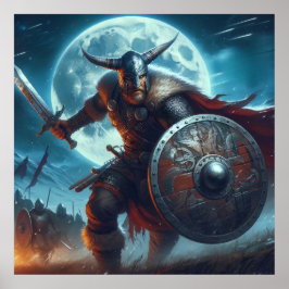 Majestic Blue-Toned moonlit Viking-scen Poster