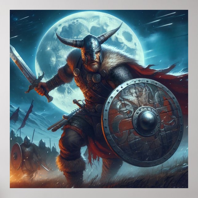 Majestic Blue-Toned moonlit Viking-scen Poster (Framsidan)