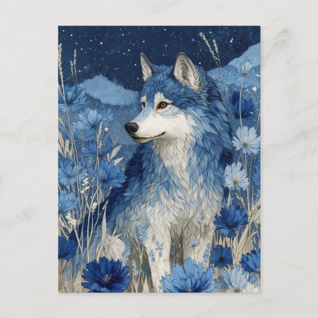 Majestic Blue Wolf in Starry Blossom Garden Vykort (Framsida)