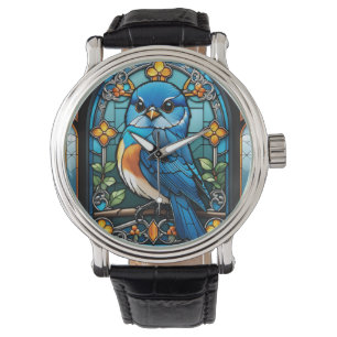 Majestic Bluebird Perched on Stached Glass Window Armbandsur