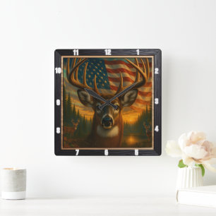 Majestic Buck American Flagga Fyrkantig Klocka