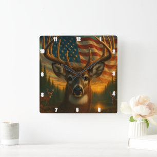 Majestic Buck Impressive Antlers American Flagga Fyrkantig Klocka