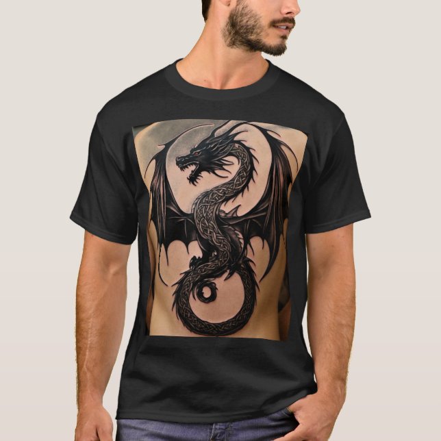 Majestic Celtic Dragon: Black Minimalist Tattoo T Shirt (Framsida)