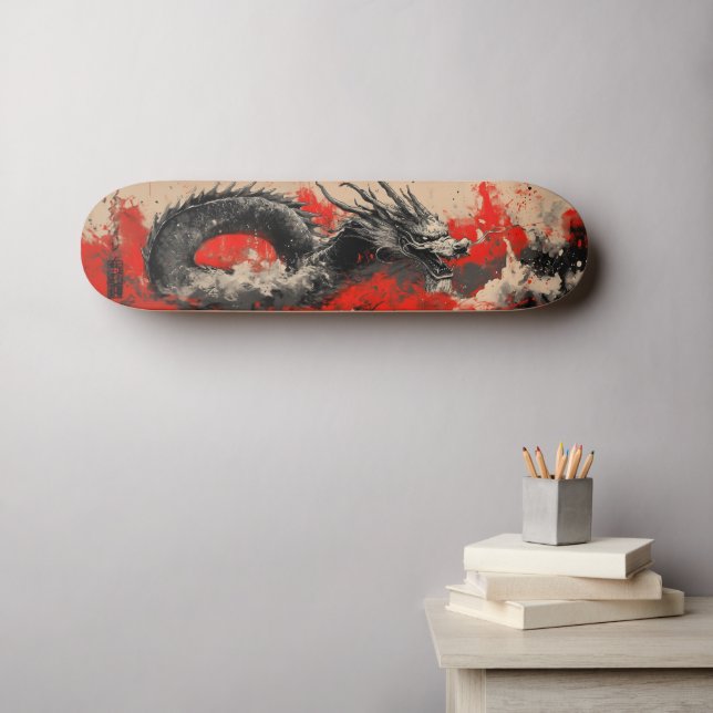Majestic Chinese Dragon with Red Bläck Splatter Mini Skateboard Bräda 18,5 Cm (Väggkonst (Horz))