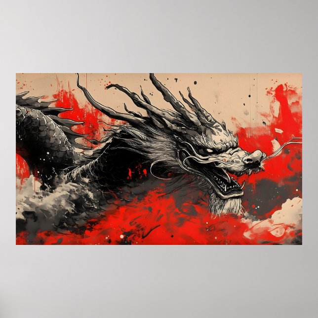 Majestic Chinese Dragon with Red Bläck Splatter Poster (Framsidan)