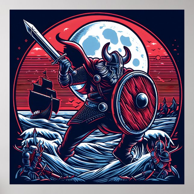 Majestic Crimson-Navy Viking på Moonlight Poster (Framsidan)