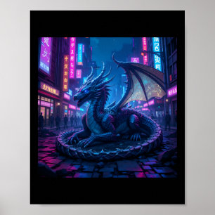 Majestic Cyberpunk Dragon Resting in Neon City Sti Poster