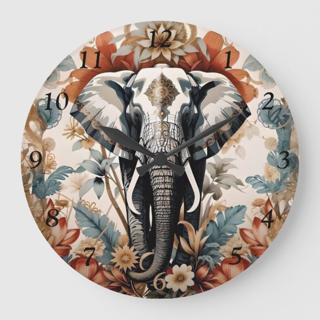 Majestic Decorated Elephant Wildlife Stor Klocka (Framsida)