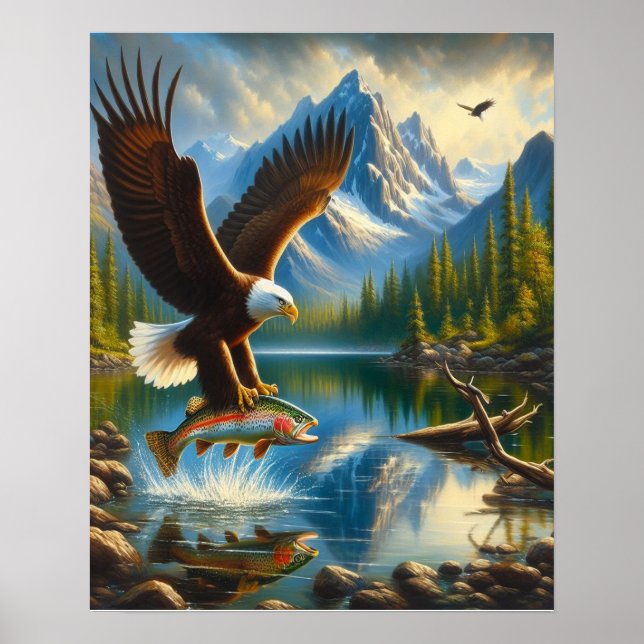 Majestic Eagle Capturing A Sjö Trout 16x20 Poster (Framsidan)
