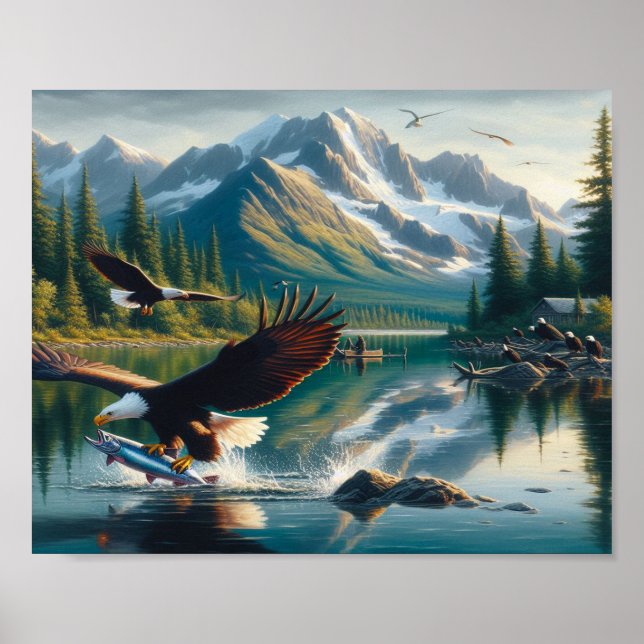 Majestic Eagle Capturing Fish at Sunrise 10x8 Poster (Framsidan)