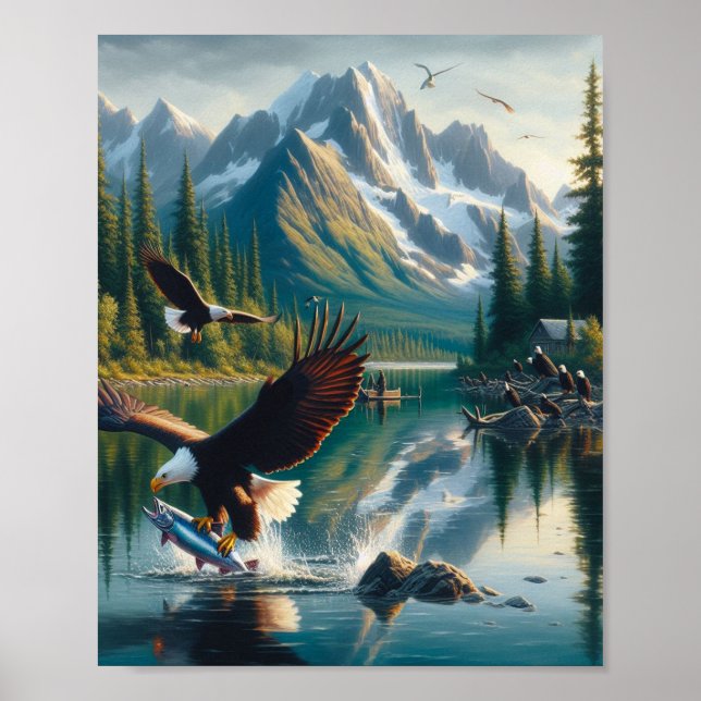 Majestic Eagle Capturing Fish at Sunrise 8x10 Poster (Framsidan)