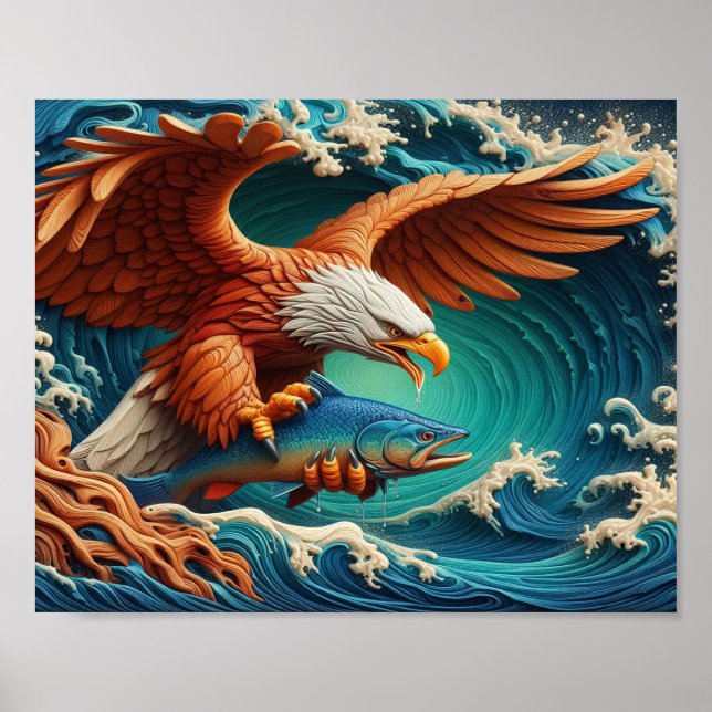 Majestic Eagle Fishing in a wave 10x8 Poster (Framsidan)