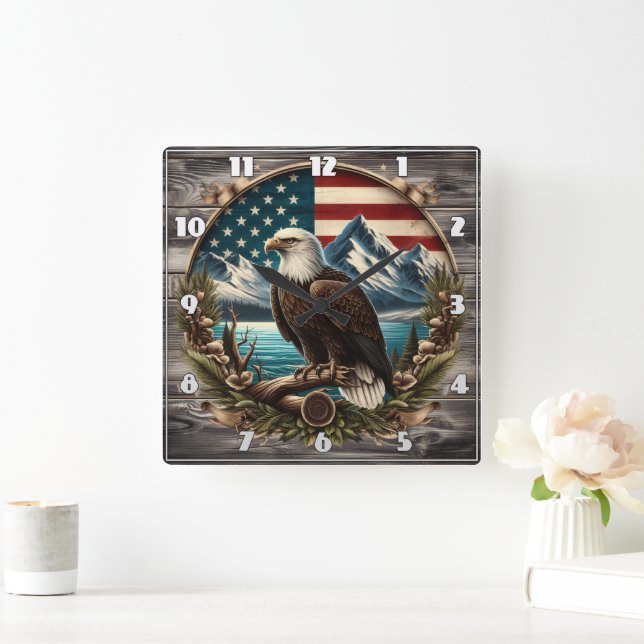 Majestic Eagle mot American Landscape Fyrkantig Klocka (Hem)