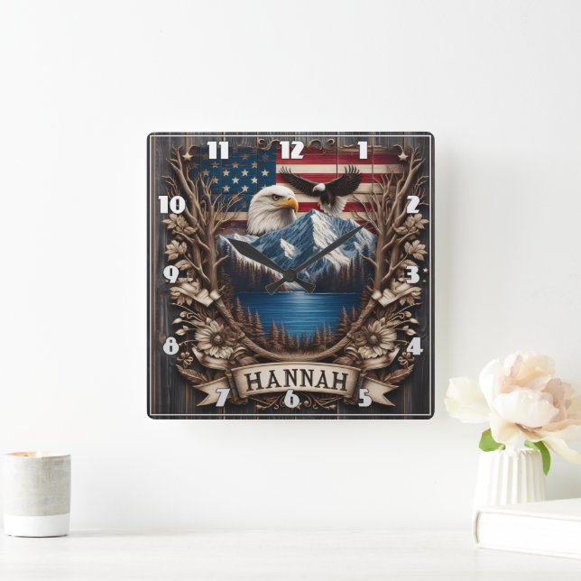 Majestic Eagle over Mountains och American Flagga Fyrkantig Klocka (Hem)