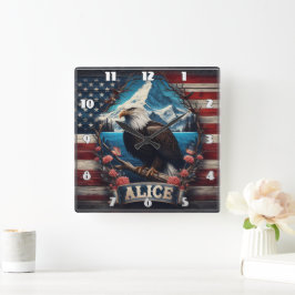 Majestic Eagle Overlook Mountain och Flagga Fyrkantig Klocka