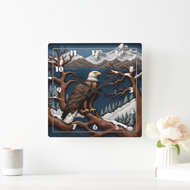Majestic Eagle Overlook Snowy Mountain scape Fyrkantig Klocka (Hem)
