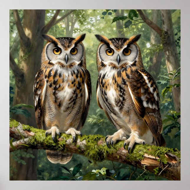 Majestic Eagle Owls Forest Perch Poster (Framsidan)