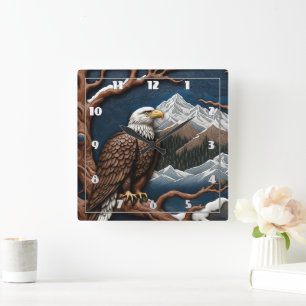 Majestic Eagle Perched Amidst Snowy Mountains Fyrkantig Klocka