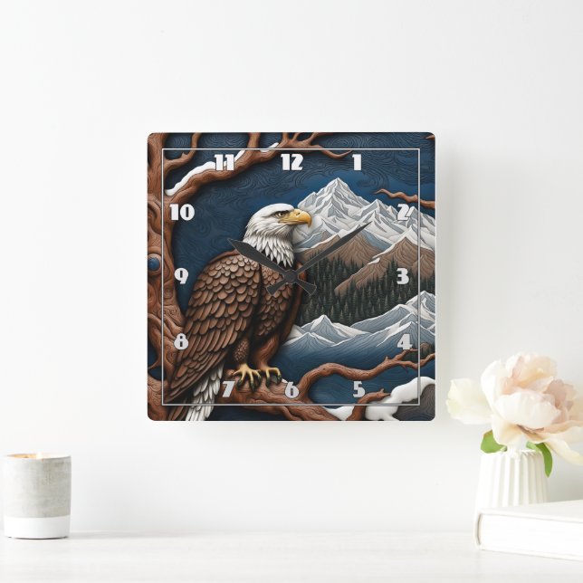 Majestic Eagle Perched Amidst Snowy Mountains Fyrkantig Klocka (Hem)