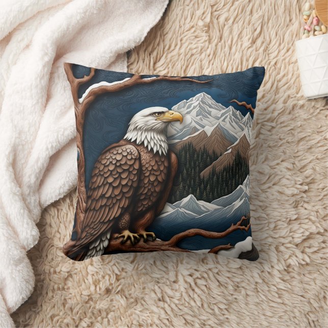 Majestic Eagle Perched Amidst Snowy Mountains Kudde (Filt)