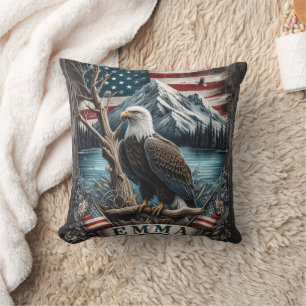 Majestic Eagle Perched by Mountain River Kudde